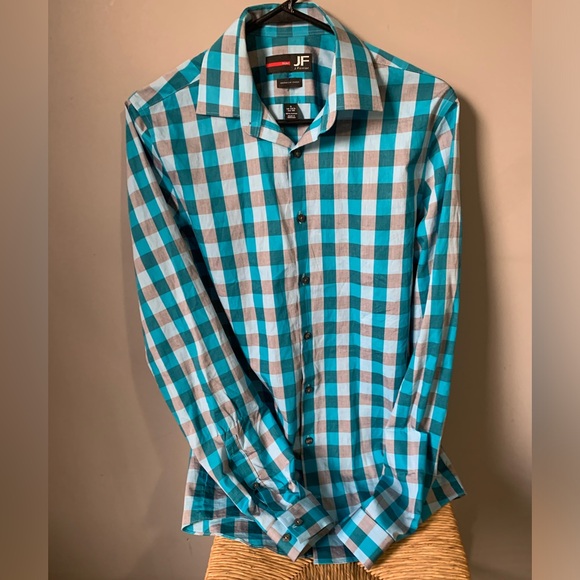 JF J. Ferrar Men’s Button Down Shirt Blue/Gray plaid Long Sleeve S Slim 14-141/2 - Picture 3 of 8